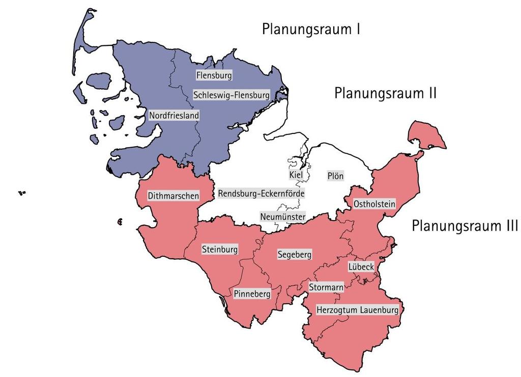 1.3 Regionalpläne Auf der nächsten Planungsebene konkretisiert das Land Schleswig-Holstein seine planerischen Vorstellungen in drei verschiedenen Planungsregionen (bis zum Jahr 2014 gab es noch fünf