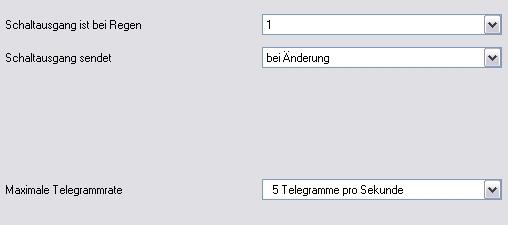 Einstellung der Parameter Allgemeine Einstellungen Schaltausgang ist bei Regen 0 1 Schaltausgang sendet nicht bei Änderung bei Änderung auf 1 bei Änderung auf 0 bei Änderung und zyklisch bei Änderung