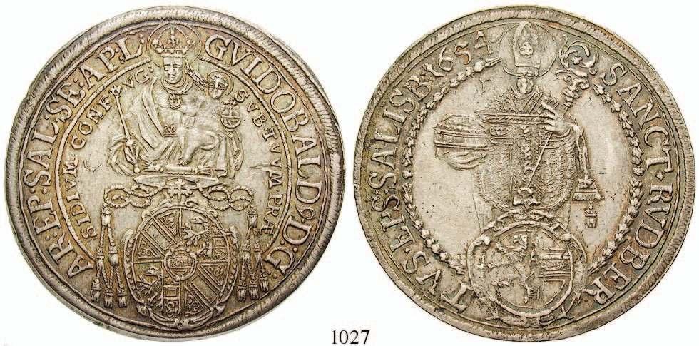 1619-1653 Taler 1620. 28,45 g. Wappen / Thronender St. Rudbertus. Dav.