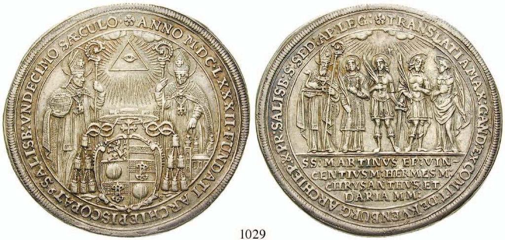 1029 Taler 1682. 28,41 g. Auf das 1100-jährige Stiftsjubiläum. Wappen zwischen St.