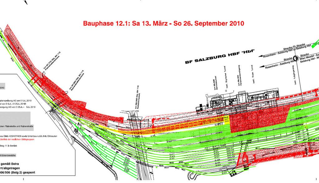 Salzburg Hbf Bauphase 12.1 März-September 2010 Bild 13,25 x 24,2 Errichtung Brücken Rainerstr./Plainstr.
