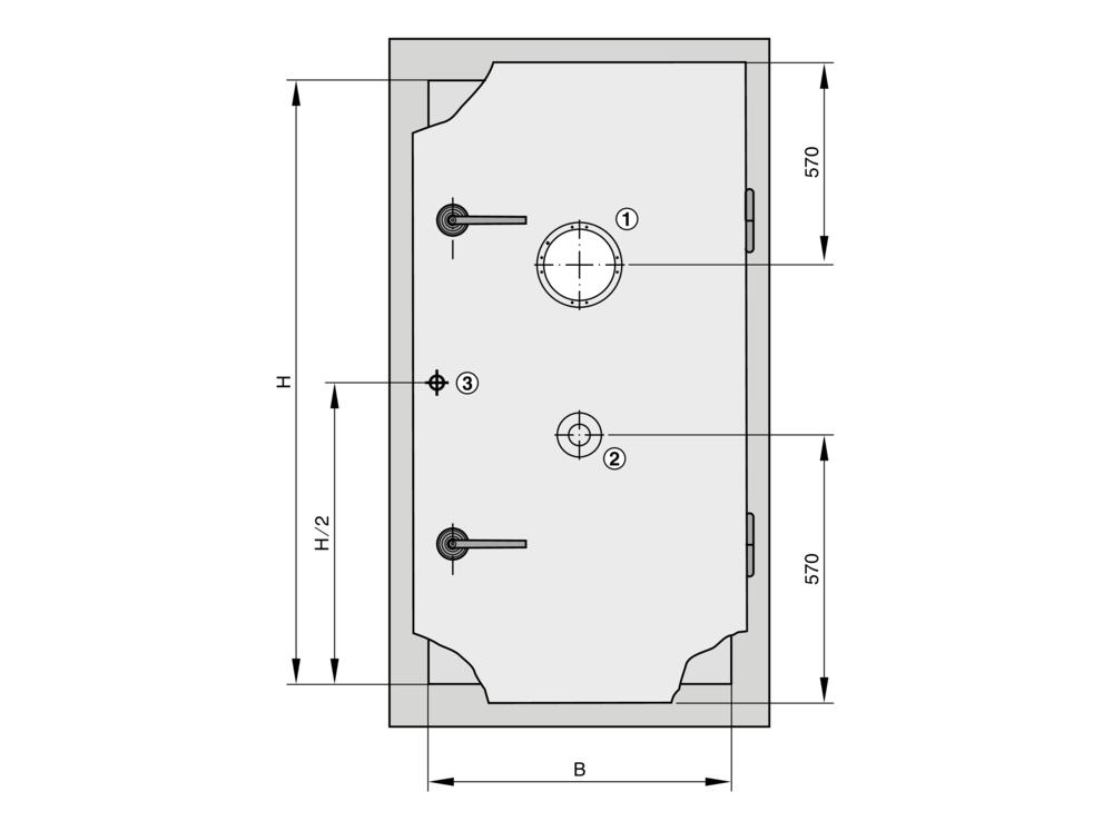 FUNKTION Anordnung Anbauteile für einflügelige luftdichte Stahltür Serie ST 1 Schauglas (H < 1500 bei H/2) 2