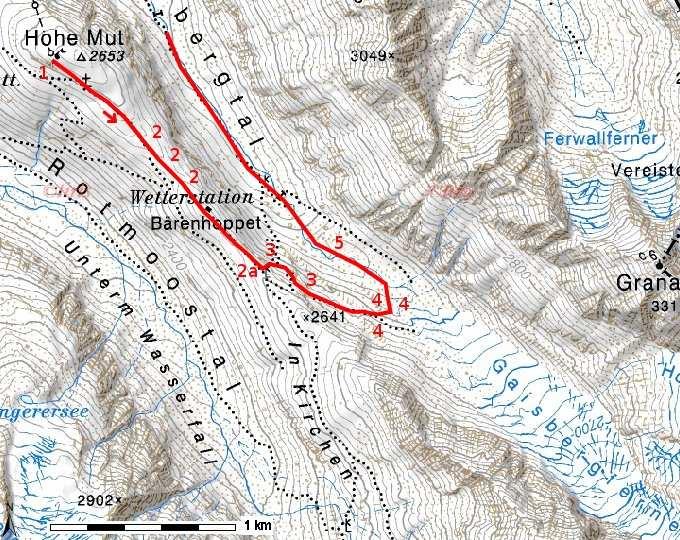 2.2. Dienstag, 09.07.2013 Am 09.07.2013 führte die Exkursion zur Bergstation der Hohen Mut auf 2.670 m NN, von dort über den Sattel der Hohen Mut in das Gletschervorfeld des Gaisbergtales auf ca. 2.300 m NN (Abb.