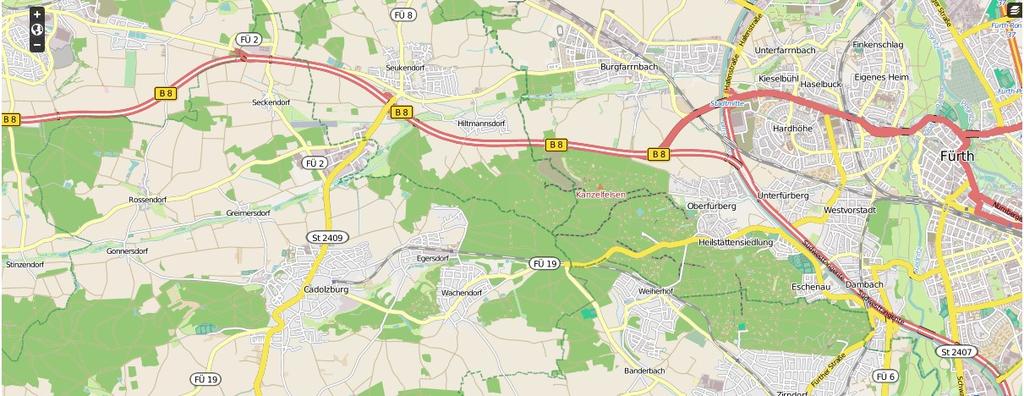 6. Langenzenn Fürth - Nürnberg Bevorzugte Trasse: Von Langenzenn bis Seukendorf entlang der alten B8, dann entlang der neuen B8 bis Oberfürberg /