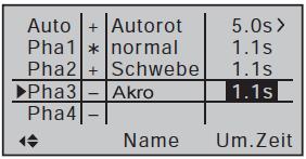 Bedienungsanleitung 6. Flugphasen 6.1 Definition der Flugphasen Es werden z.b. drei Flugphasen zusätzlich zur Autorotation definiert. Diese Phasen werden anschließend diverse Schalter zugeordnet.