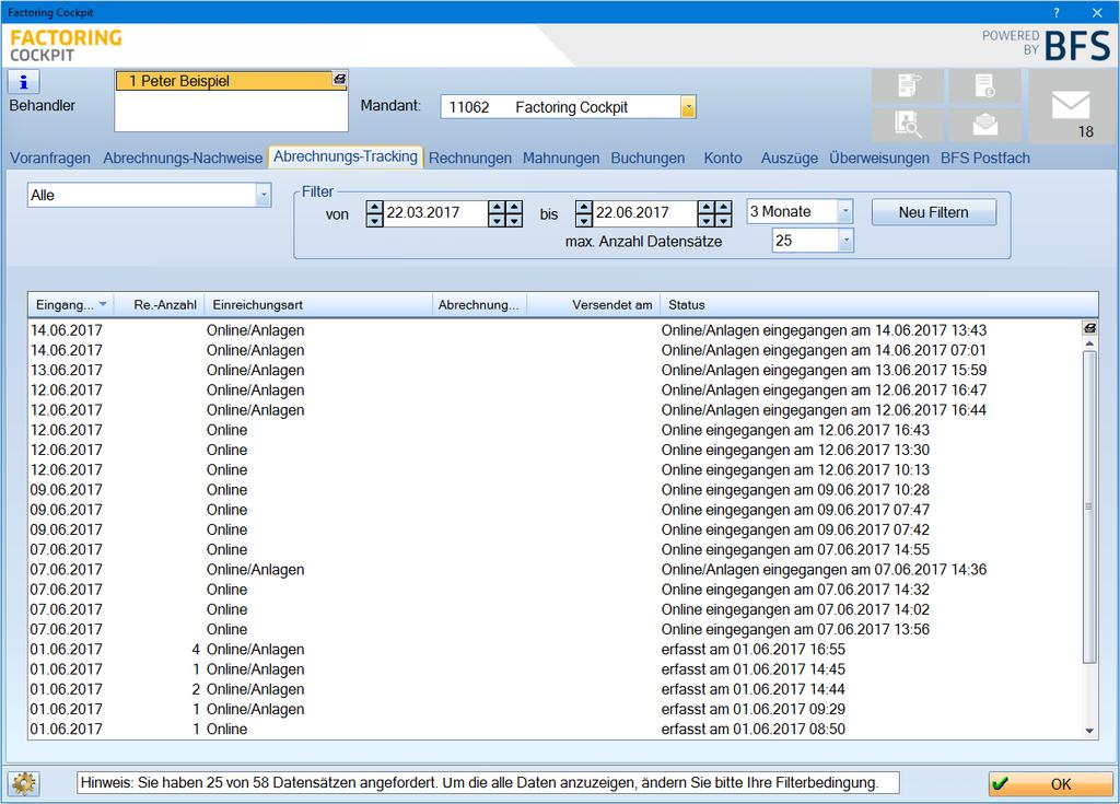 . Factoring Cockpit Version:.0 Seite 7/6.3.3. Abrechnungs-Tracking Der Reiter Abrechnungs-Tracking zeigt Ihnen eine Liste, in der Sie den Eingang der Abrechnung bei BFS nachvollziehen können.