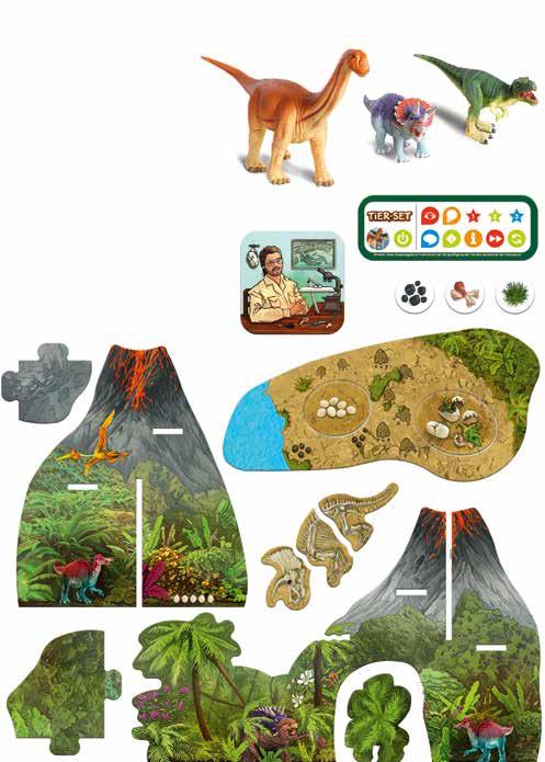 Inhalt 1 Camarasaurus 1 Triceratops 1 Tyrannosaurus 1 Steuerungsleiste 1 Paläontologen-Tafel 3 Futter-Chips 1 Bodenplatte mit zwei