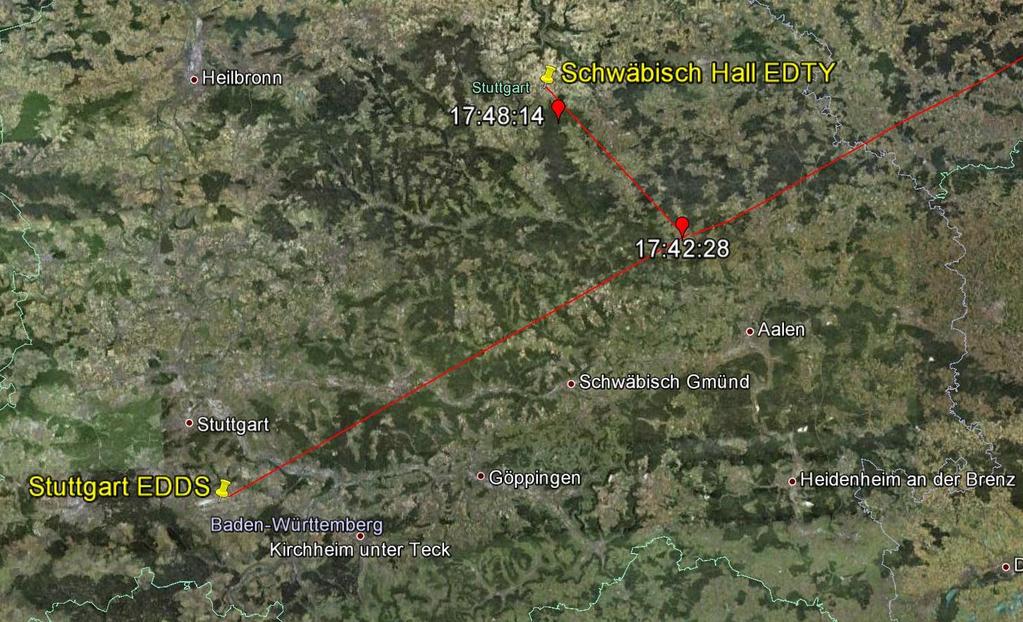 Abweichen von der geplanten Strecke nach Schwäbisch Hall Google Earth TM -Kartenservice, BFU Ca.