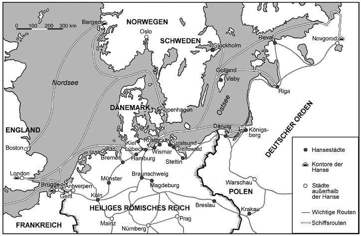 M 2 Die Hanse ihre Städte und ihre Handelsrouten Die Ostsee und die Hanse sind eng miteinander verbunden. Schau dir die Karte an und finde heraus, warum. Aufgaben 1.
