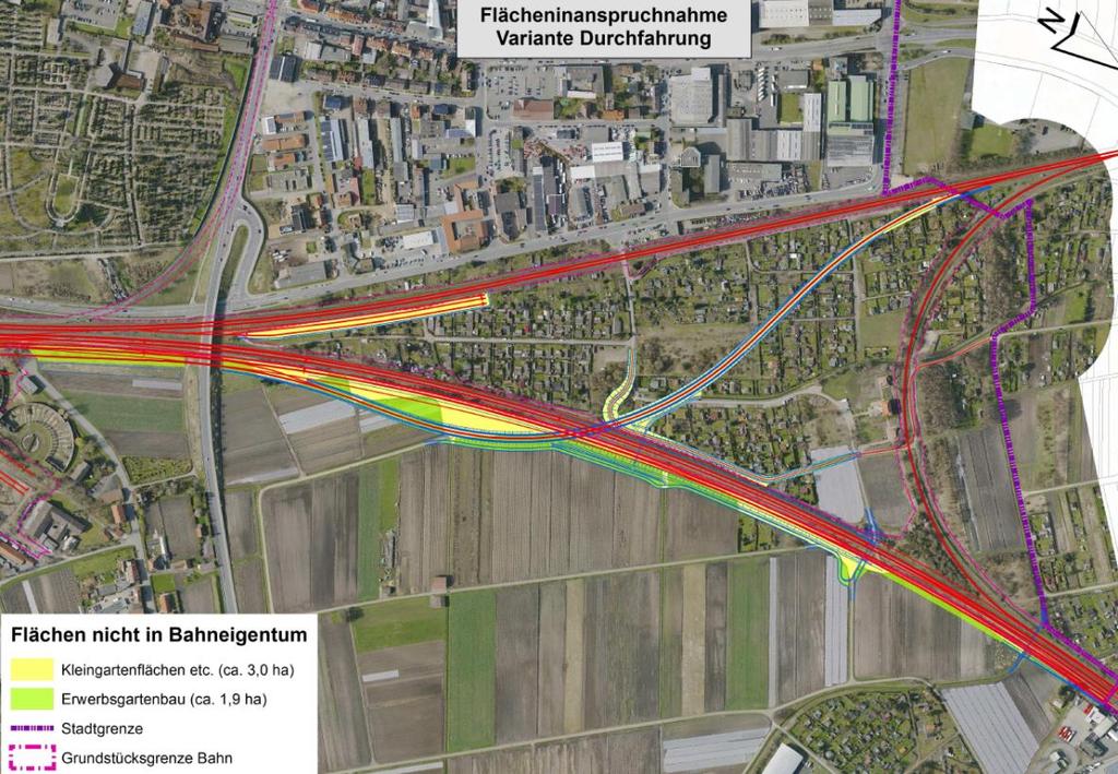 Gleise nach Hallstadt. Flächenverbrauch: Kleingärten: ca. 3,0 ha Erwerbsgartenbau: ca.