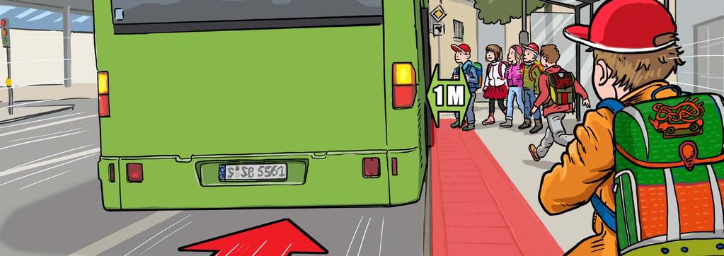 4. Der Bus kommt Der perfekte Abstand zwischen dir und dem Bordstein ist ca. 1 m. Warum?