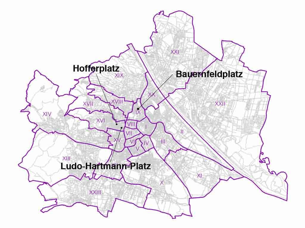 2.2 LAGE DER TIEFGARAGEN Das Untersuchungsgebiet setzt sich aus drei Parkanlagen auf Tiefgaragen in Wien zusammen.