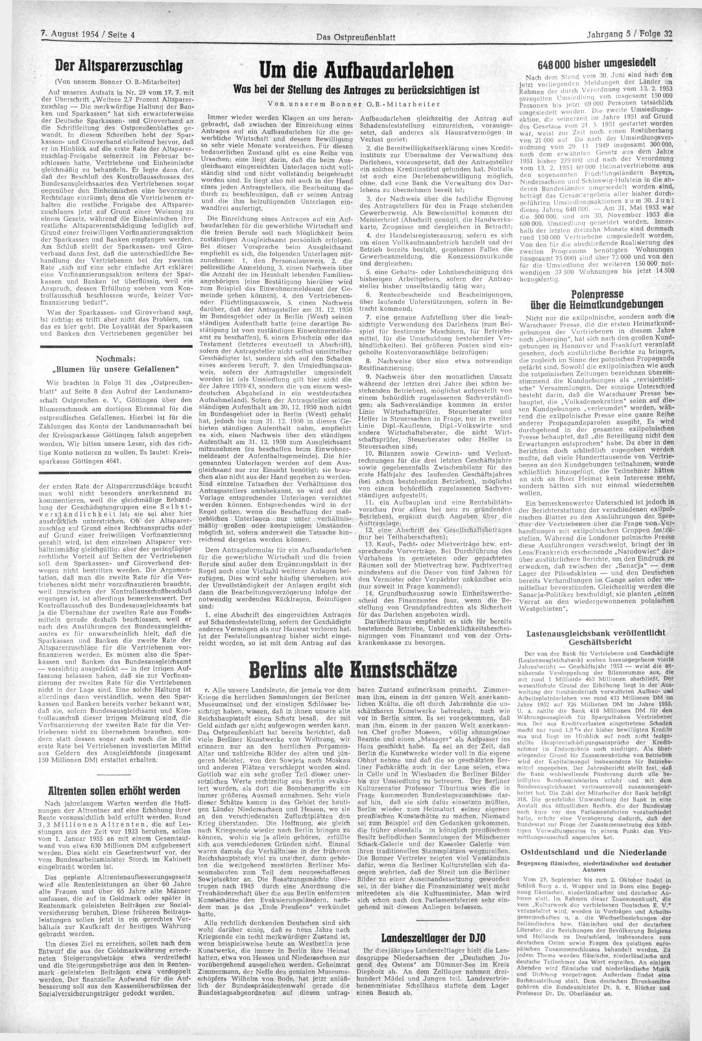 7. August 1954 / Seite 4 Das Ostpreußenblatt Jahrgang 5 / Folge 32 Der Altsparerzuschlag (Von unserm Bo