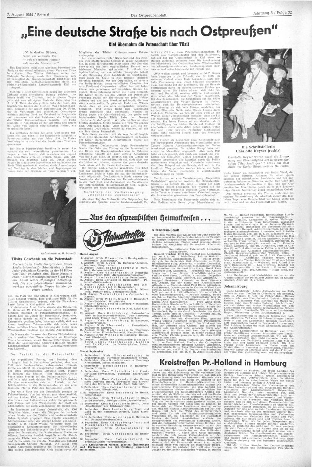 7. August 1954 / Seite 6 Das Ostpreußenblatt Jahrgang 5 / Folge 32 Eine deutsche Strafte bis nach Ostpreußen" Kiel übernahm die Patenschaft über Tilsit Oft in dunklen Nächten, weckt uns vertrauter