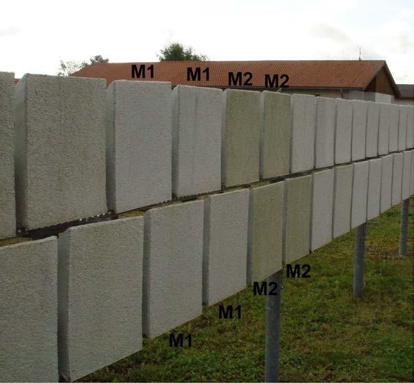 Bild 6: Austrocknungsverhalten der mineralischen Putze M1 und M2. Bild 7: Fotografische Ansicht der Prüfkörperserie nach Regen.