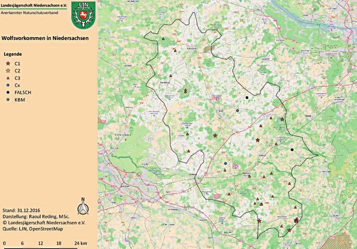 Februar 2017 Rotenburger Waidblatt Seite 19 Räumliche Verteilung der Hin- und Nachweise für Wolfsvorkommen im Landkreis Rotenburg (Wümme) im Kalenderjahr 2016 (auf dieser Karte werden nur Meldungen
