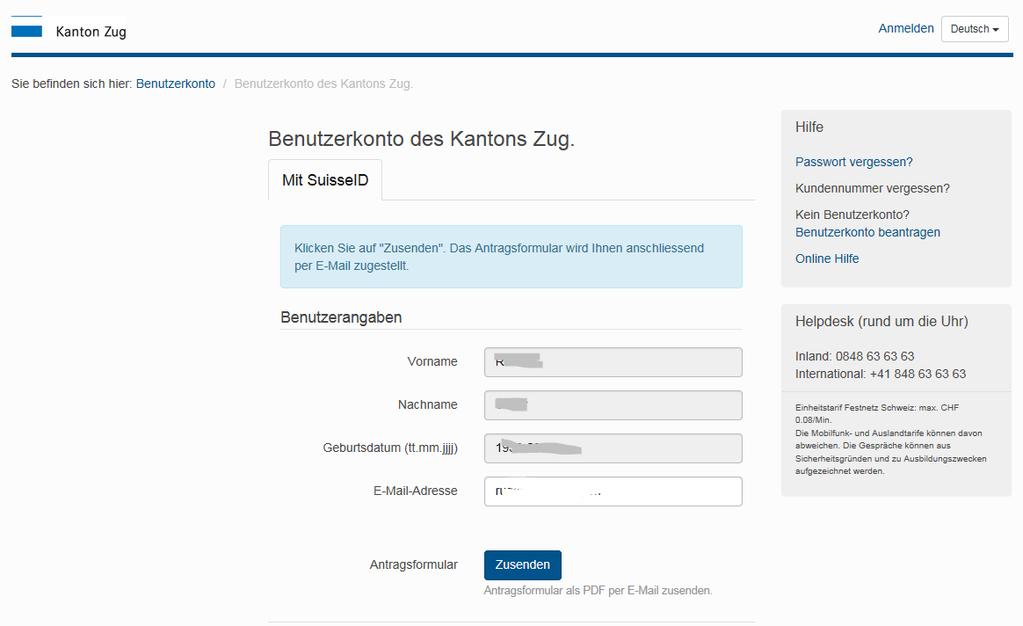 Wählen Sie das SuisseID Authentication Zertifikat aus Bestätigen Sie mit einem Klick auf «OK» Klicken Sie auf «Zusenden» Das System sendet Ihnen das