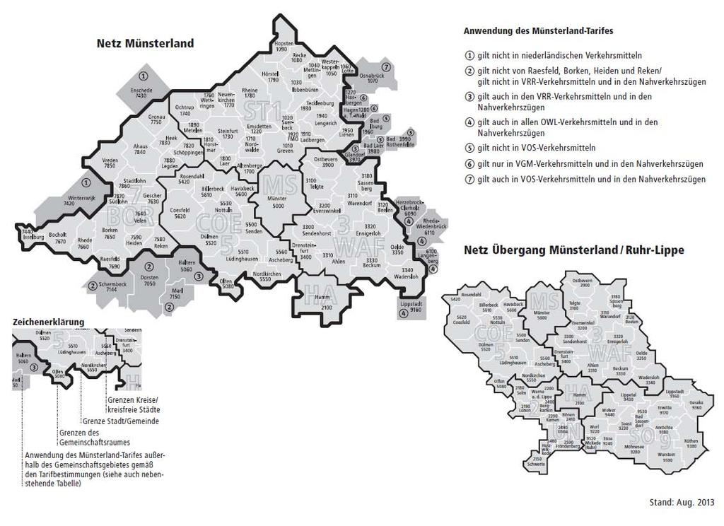 Abbildung 19 Verkehrsräume des Münsterlandtarifes und des Ruhr-Lippe- Tarifes Die Einnahmeverantwortung liegt gesetzlich (PBefG) bei den jeweiligen Partnerunternehmen der VGM/VRL bzw.