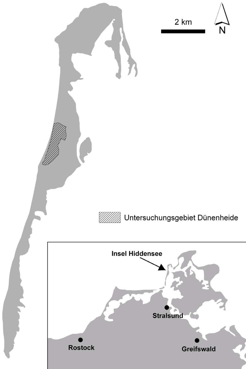 8 S. Buchholz & J. Schirmel Abb. 1: Lage der Insel Hiddensee an der deutschen Ostsee (kleine Karte) und des Untersuchungsgebietes Dünenheide (große Karte), 54 32'N, 13 50'E, TK 1444, 2 m ü. NN. Fig.