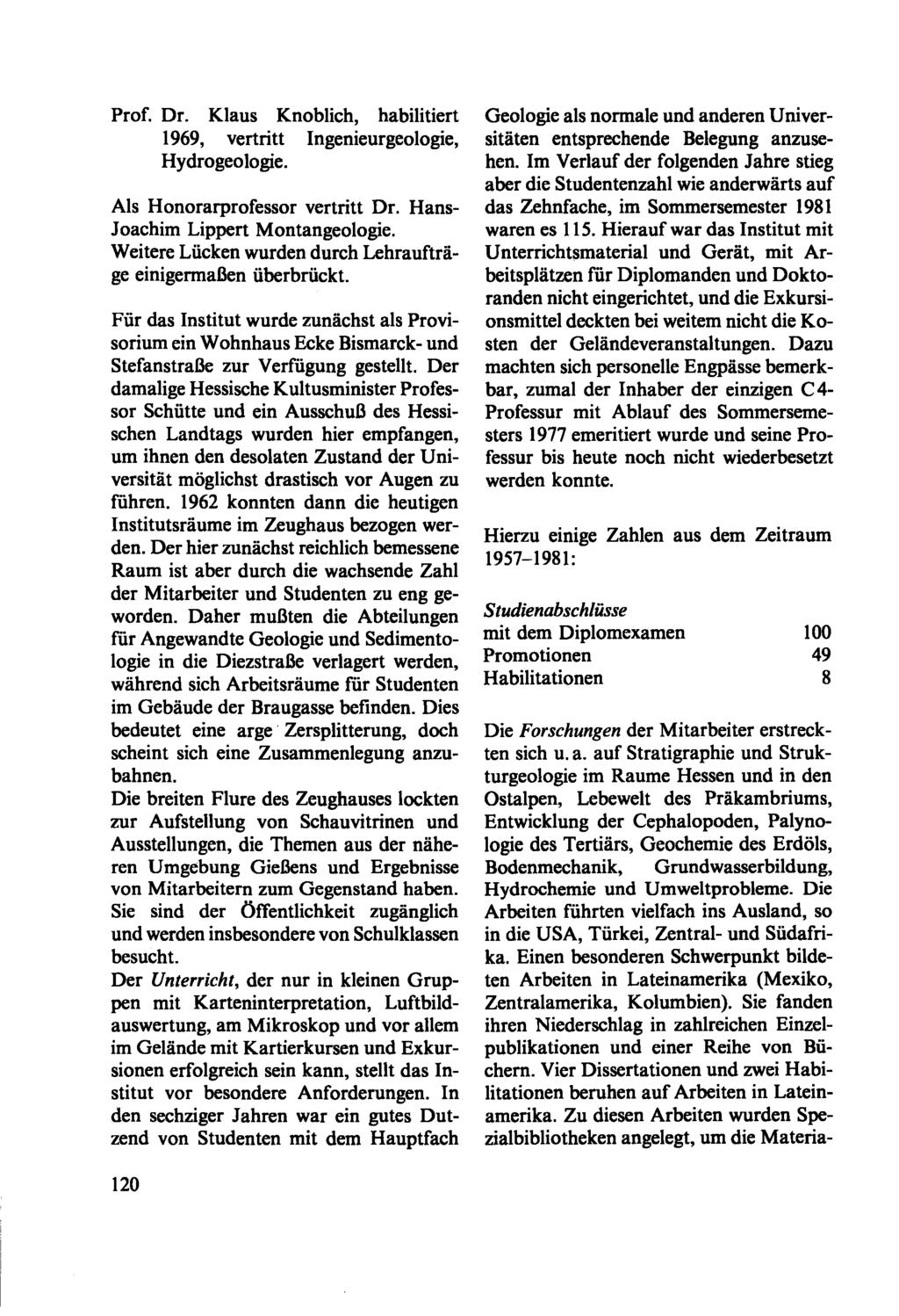Prof. Dr. Klaus Knoblich, habilitiert 1969, vertritt Ingenieurgeologie, Hydrogeologie. Als Honorarprofessor vertritt Dr. Hans Joachim Lippert Montangeologie.