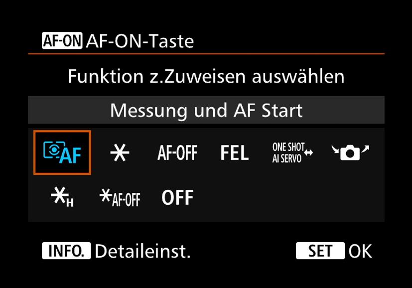 AF-ON- und AE Lock-Taste (Sterntaste) anpassen Abbildung 5.4 > Links: mögliche Belegungsoptionen für die AF-ON-Taste. Rechts: Sie können der Taste komplett neue Autofokuseinstellungen zuweisen.