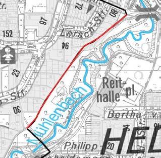 Hellerhof II Garather Mühlenbach Abschnitt: Radschnellwegtrasse zwischen Heinrich-Lersch-Straße und Garather Mühlenbach Konflikt: Der bestehende Weg verläuft zwischen einer Reihe von