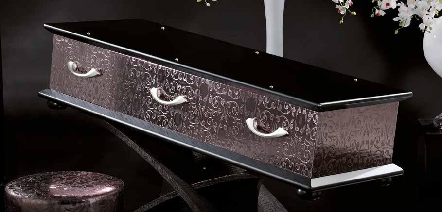 LUXURY Eleganter Sarg im schlichten und modernen Design, welcher mit mattem, schwarzem Klavierlack, Silber/Bronze schimmernder Prägung und Beschlägen in