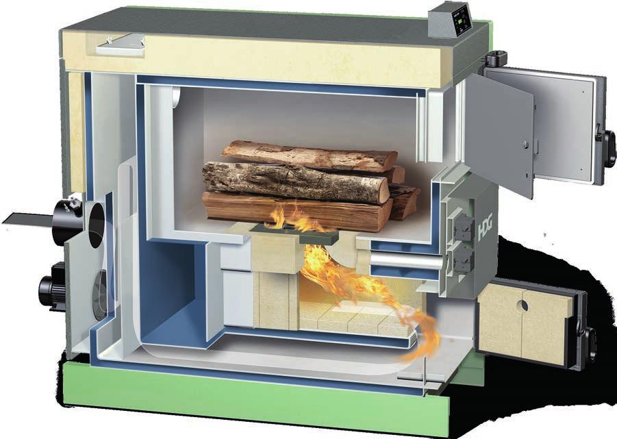 Funktionsprinzip Holzvergaserkessel mit Sturzbrandtechnik Der oben angeordnete Reinigungsdeckel ermöglicht einen leichten Zugang zum stehenden Wärmetauscherbereich.