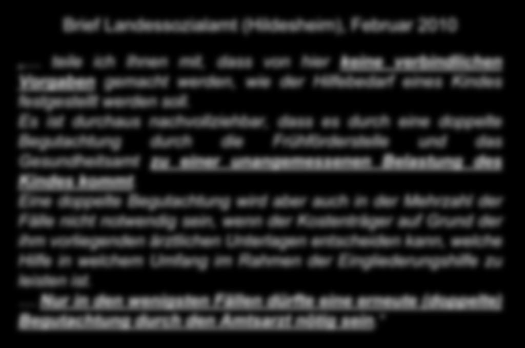 Brief Landessozialamt (Hildesheim), Februar 2010 teile ich Ihnen mit, dass von hier keine verbindlichen Vorgaben gemacht werden, wie der Hilfebedarf eines Kindes festgestellt werden soll.