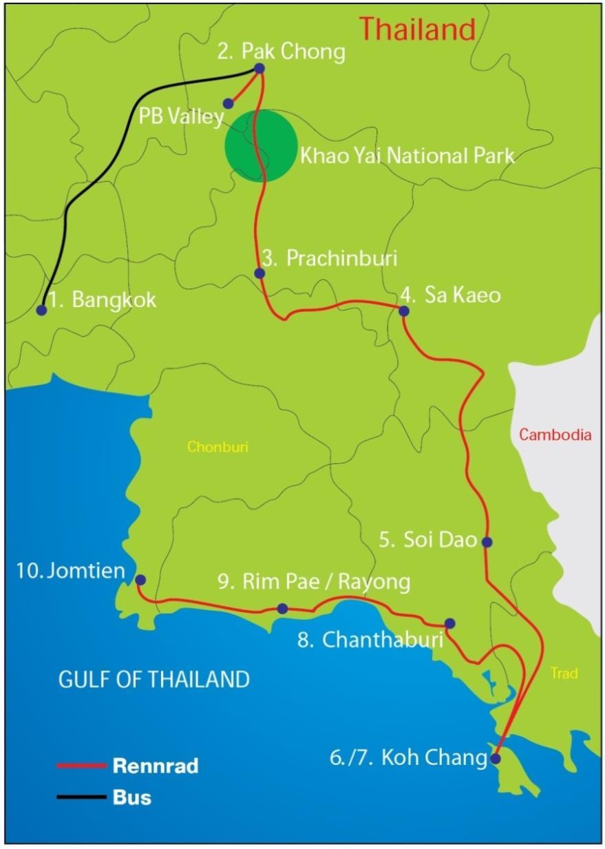 Unser Ost Thailand Mix bietet für jeden Geschmack etwas 11 Tage / 10 Nächte / 8 Etappen von 50 bis 146 km / Total 823 km Ostthailand bildet geographisch gesehen eine Halbinsel, welche östlich von
