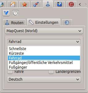 Für dieses Beispiel wählen wir MapQuest (World) und bei den Verkehrsmitteln Fahrrad Danach