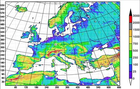 Methoden - mit Wetterdaten - Lokale Modelle COSMO-EU überzieht ganz Europa mit 665 657 = 436.