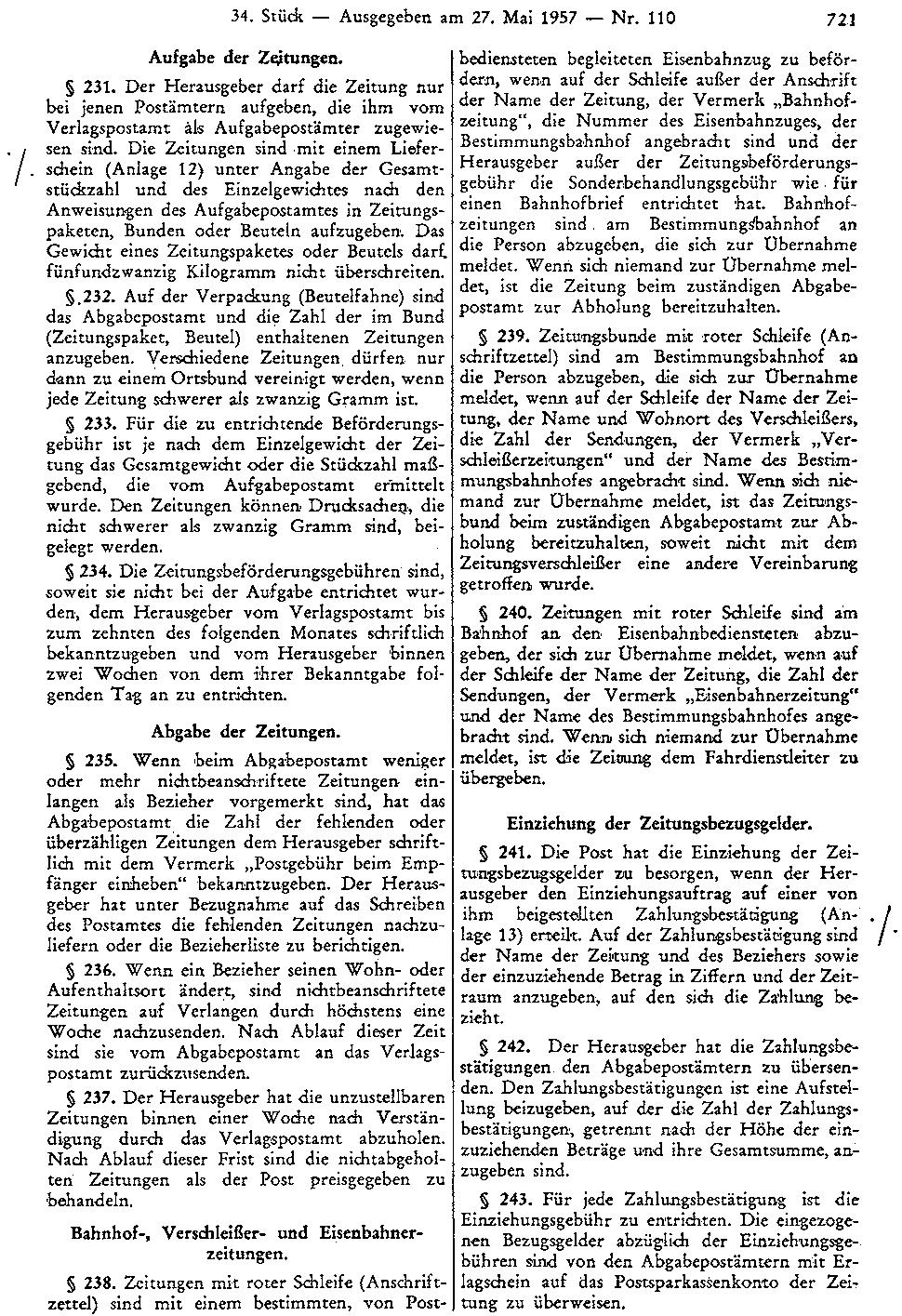 34. Stück Ausgegeben am 27. Mai 1957 Nr. 110 721 Aufgabe der Zeitungen. 231.