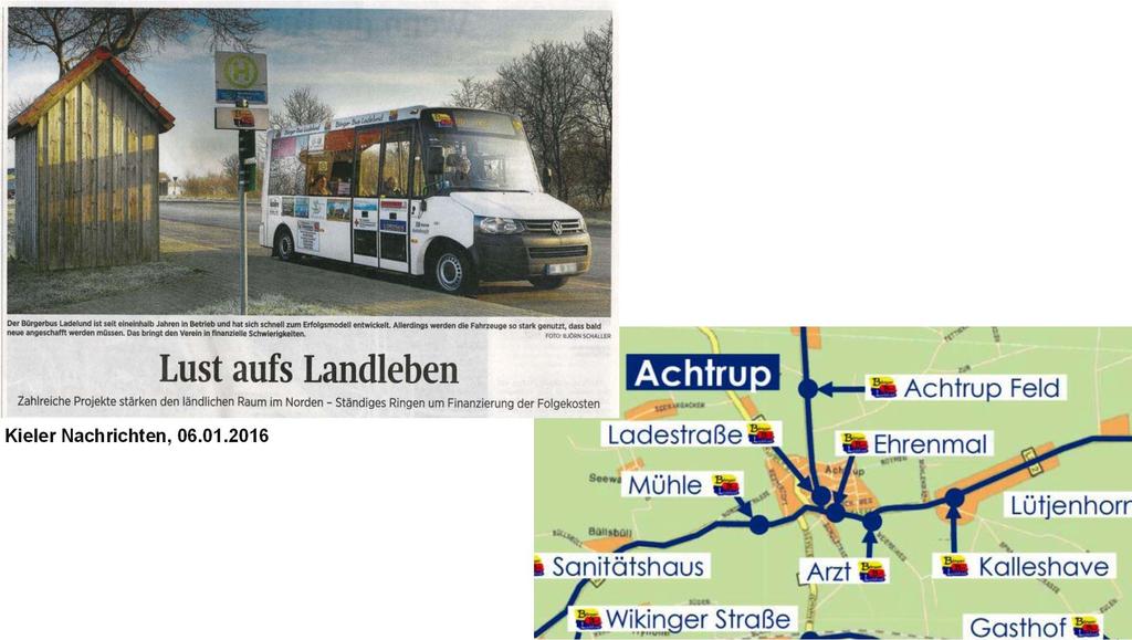 Beispiel für kommunales Engagement: Bürgerbus Bürgerbus Ladelund Haltestelle vor der Arztpraxis