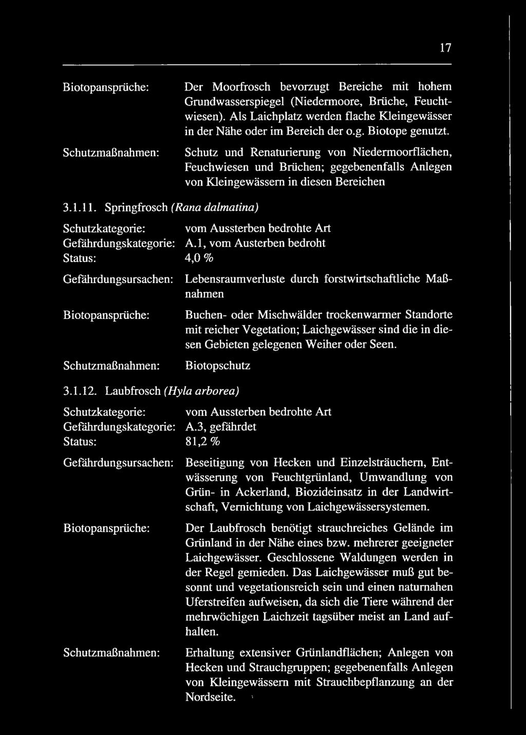 Springfrosch (Rana dalmatina) Schutzkategorie: Gefährdungskategorie: Status: Gefährdungsursachen: vom Aussterben bedrohte Art A.