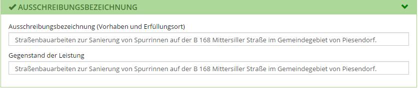 Schritt 2 Ausschreibungsbezeichnung Hier werden die Ausschreibungsbezeichnung und der Gegenstand der Leistung eingetragen. Schritt 3 Angebot Der Bieter preist nun die vorgegebene Angebotsmaske aus.