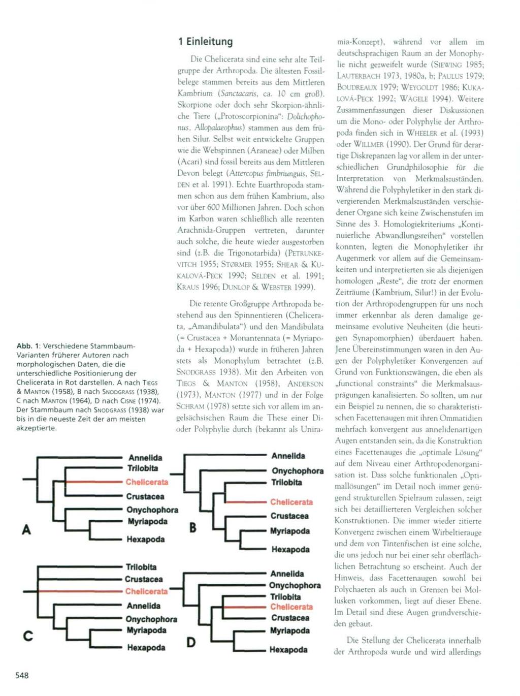 Abb. 1: Verschiedene Stammbaum- Varianten früherer Autoren nach morphologischen Daten, die die unterschiedliche Positionierung der Chelicerata in Rot darstellen.