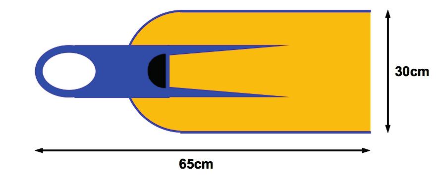 Flossen Die zum Wettkampf zugelassenen Flossen dürfen folgende Abmaße nicht überschreiten: Länge der Flosse: 65 cm inklusive Fußteil und Fersenband (s.