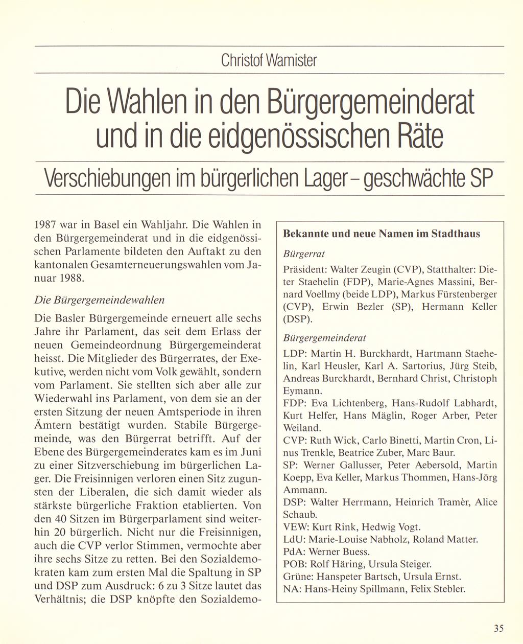 Christof Wamister Die Wahlen in den Bürgergemeinderat und in die eidgenössischen Räte Verschiebungen im bürgerlichen Lagergeschwächte SP 987 war in Basel ein Wahljahr.