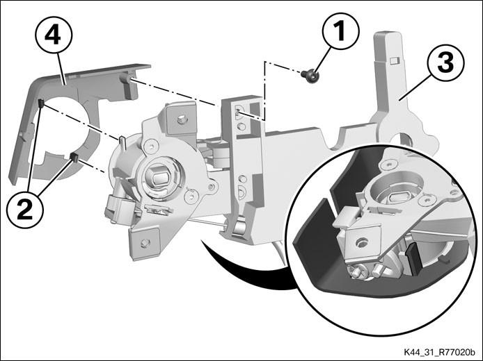 3/9 (-) Schließzylinder Topcase ausbauen Schlüssel (1) in Schließzylinder (2) einstecken und in Stellung LOCK drehen.