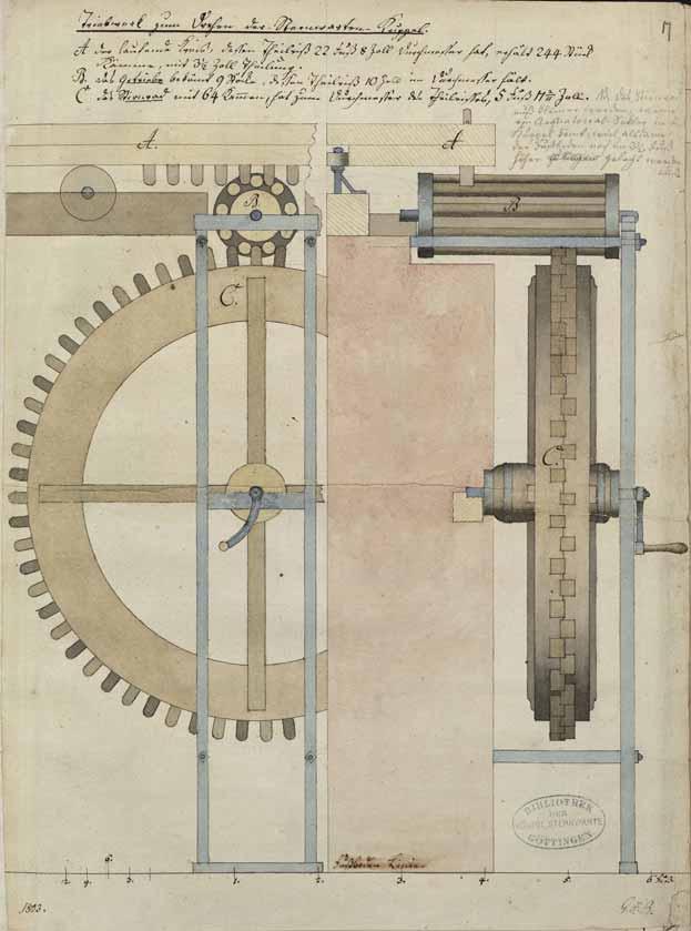 Abb. 27: Detailzeichnung des Triebwerks zum Drehen der Kuppel von 1803. Die rechts oben eingefügte Nachschrift Borhecks lautet: NB.