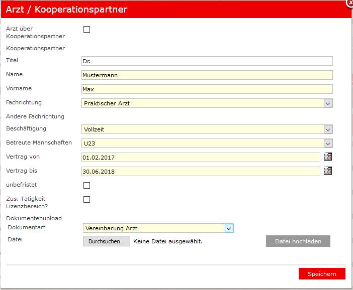 2.8.13.1 Arzt / Kooperationspartner erfassen, bearbeiten, löschen In dem Dialog müssen alle Pflichtfelder, wie z.b. der Name und Vorname, Beschäftigungsart, Fachrichtung, Vertragslaufzeit ausgefüllt und die Vereinbarung mit dem Arzt hochgeladen werden.