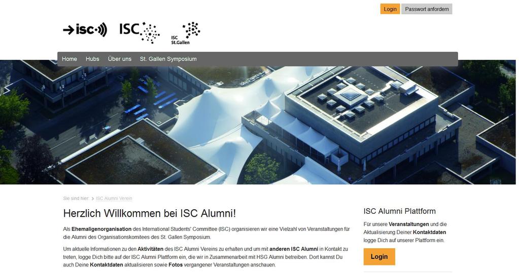 1 Login Der Login zur ISC Alumni Plattform ist, wie oben dargestellt, auf unserer Webseite www.alumni.symposium.org prominent platziert.