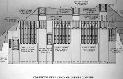 11: Zeichnung des fertiggestellten Einlaufbauwerks mit den Eingängen der Überlauf-, Wasser- und Entsandertunnel.