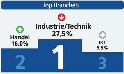 6. Top 3 Branchen Die Branche mit dem höchsten Marktanteil an Stellenanzeigen ist in 2015 Industrie und Technik jedoch mit weiteren Verlusten ( 1% im Vergleich zu 2014).