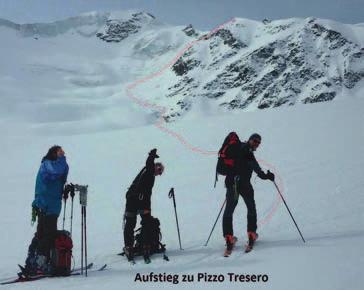 Tourenbericht: Skitouren in der Ortlergruppe Route zum Pizzo Tresero 3594 m Überwindung einer Spalte Branca-Hütte liegt als Aussichtsplattform den rund 3.400 m bis 3.