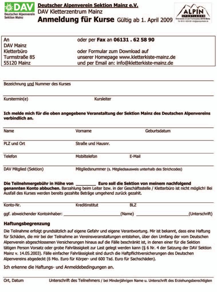 Anmeldung: Kurse in der Kletterhalle DAV Sektion Mainz in