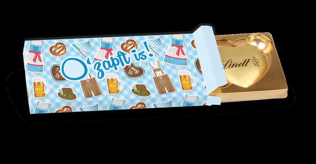 details Feine Schokoladenherzen von Lindt & Sprüngli, verpackt in einer individuellen Werbekartonage. Jede Verpackung einzeln in schützender Klarsichtfolie. Maße: ca. 152 x 77 x 13 mm.