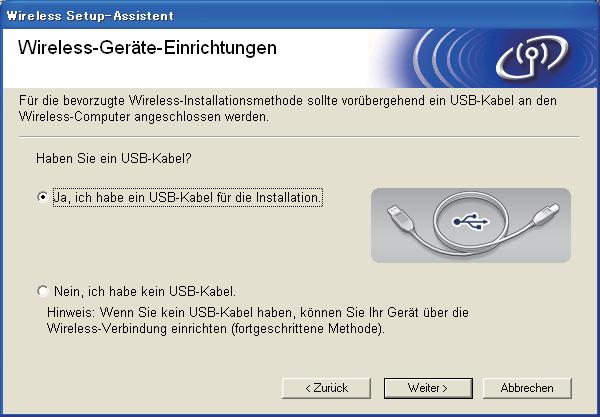 Für Benutzer eines Wireless-Netzwerkes e Wählen Sie J, ih he ein USB-Kel für ie Instlltion. un kliken Sie nn uf Weiter.