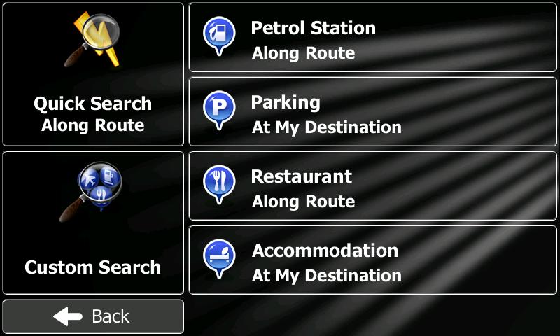 Navigating to a place of interest On the Map screen, tap to return to the Navigation menu. In the Navigation menu, tap, then tap.
